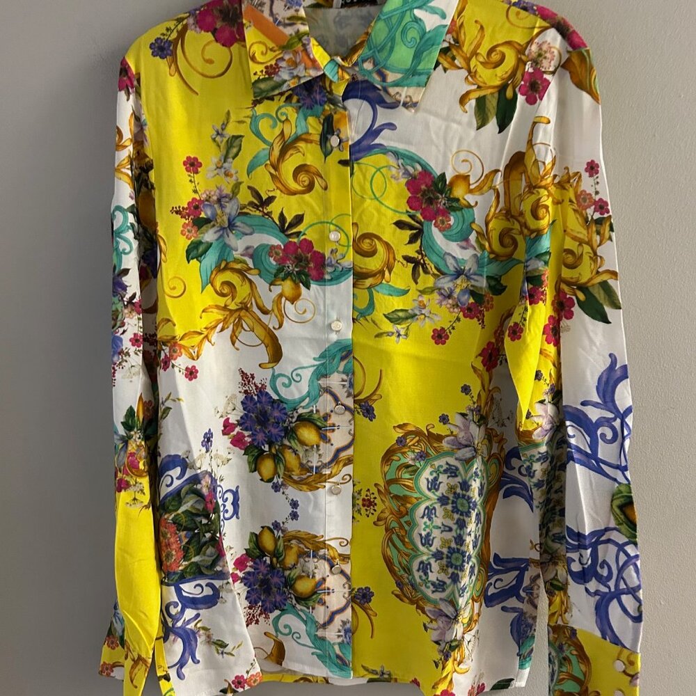 M9617 Yellow Tapestry Print Button Down Blouse by OO LA LA